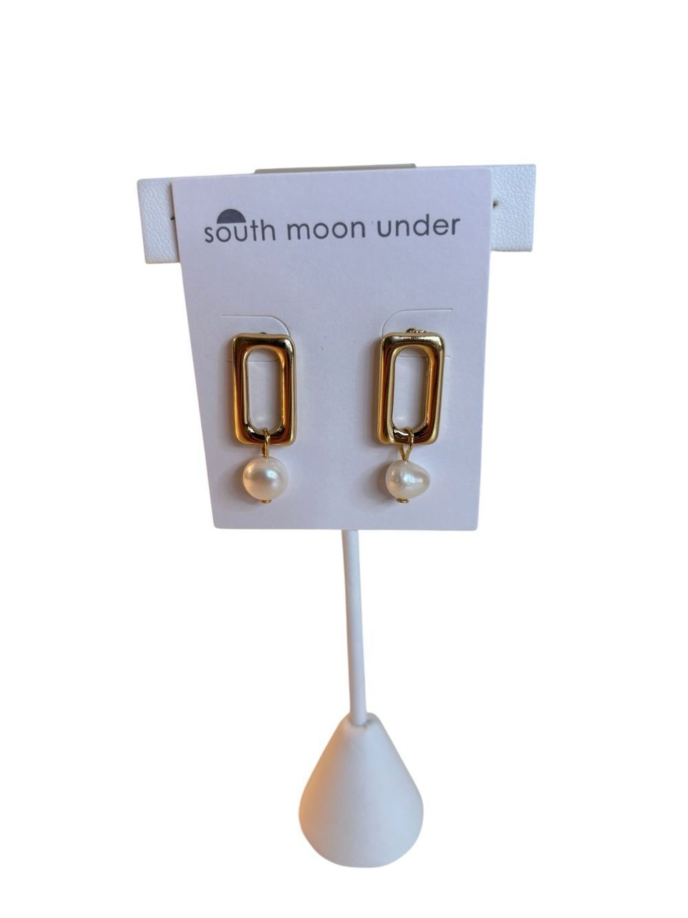 South Moon Under Gold Toned Rectangular Link Pearl Drop Earrings.